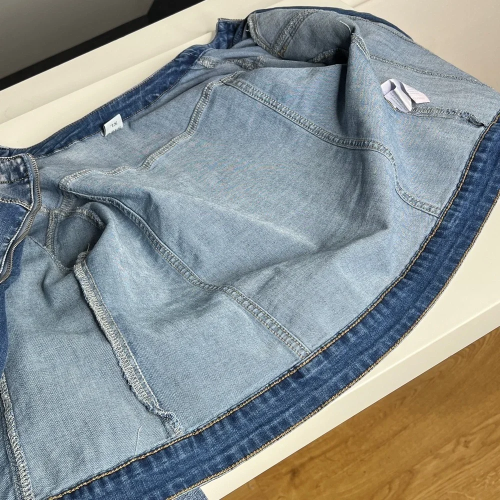 POP Seven Sz XL Zip Front Collarless Stretch Cotton Denim Jacket